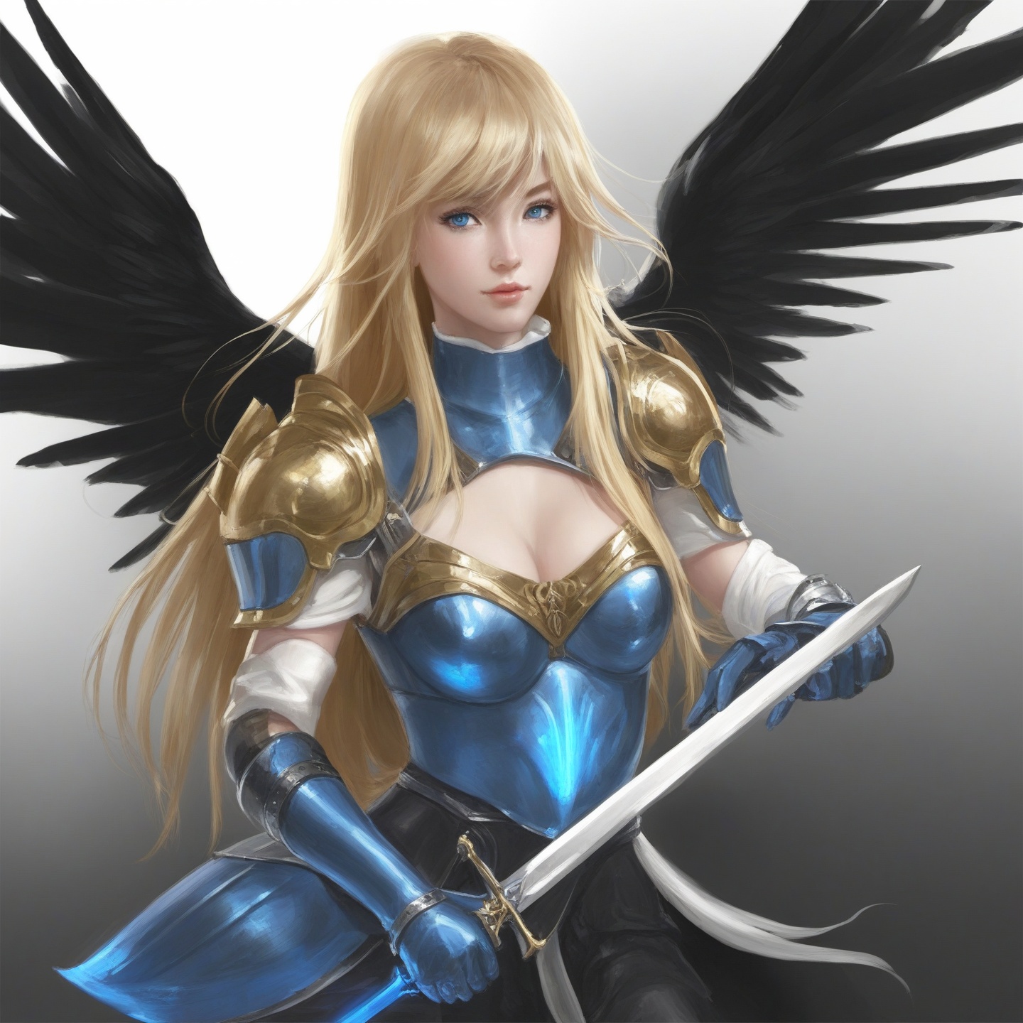 <lora:Artist - Sakimichan:1>,:Artist - Sakimichan,1girl, solo, long hair, blue eyes, armor, wings, breastplate, holding, weapon, sword, blonde hair, looking at viewer, hair between eyes, holding sword, holding weapon, bangs, faulds, shiny hair, shoulder armor, floating hair, standing, shiny, short sleeves, very long hair, black gloves, glowing, gloves, fingerless gloves, yellow wings, armored dress, gauntlets