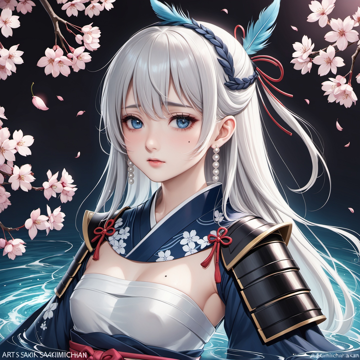 <lora:Artist - Sakimichan:1>,:Artist - Sakimichan,She has waist-length silver-white hair, a headdress of pearls and samurai bibs on top of her head, and pearl earrings in her ears.Her eyes are gray-blue, demure and intelligent, with a tearful mole at the corner of her left eye.She is petite and slim, and wears a gradient blue feather weave and dark blue pleated skirt with a pattern of falling cherry blossoms and flowing water.Her chest and abdomen are wrapped in a black carcass armor, with attached skirt armor covering the sides of the skirt, and the armor is stamped with the Tsubaki pattern of the Kamisato family