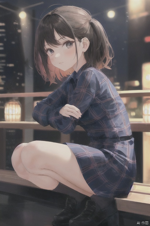 1girl,crossed arms,from side, plaid dress,pier