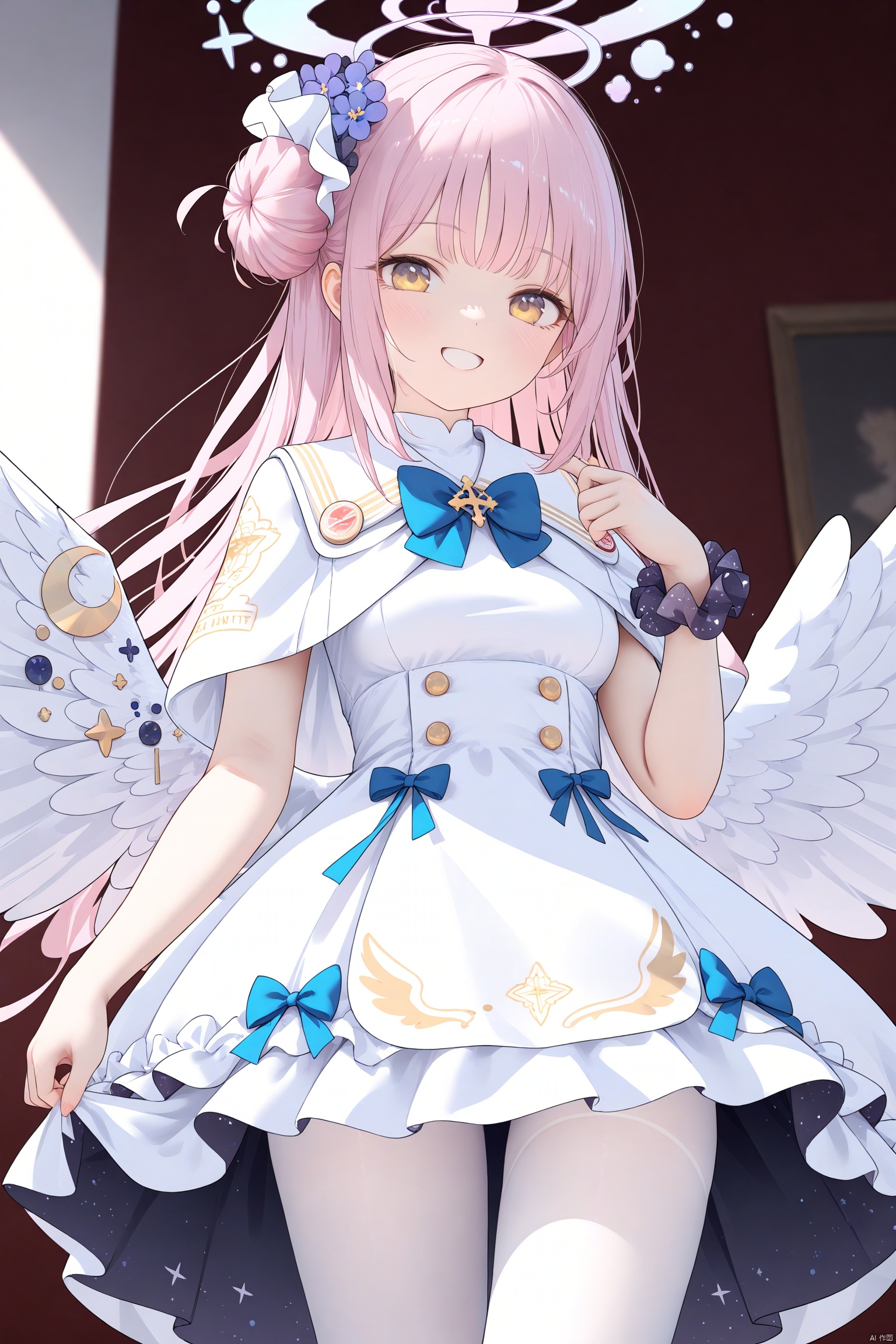  1girl,solo,(masterpiece:1.3),( beautiful:1.2),(high quality:1.2),(finely detailed:1.2),extremely detailed CG unity 8k wallpaper,best quality,a very delicate and beautiful,perfect fingers,(one cute girl at the center:1.2),
mikaBA, long hair, breasts, bangs, hair ornament, dress, bow, yellow eyes, pink hair, flower, pantyhose, wings, hair flower, bowtie, hair bun, white dress, halo, blue bow, feathered wings, white pantyhose, angel wings, white wings, single side bun, low wings, wrist scrunchie, white capelet, mika \(blue archive\), sunlight, indoors, smile, white coat, mikaBA