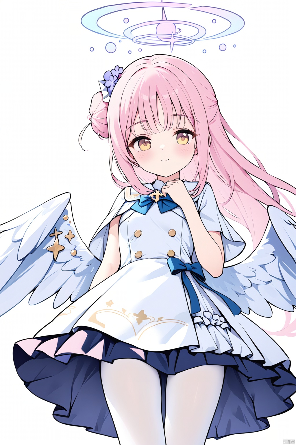 1girl,(masterpiece:1.3),( beautiful:1.2),(high quality:1.2),(finely detailed:1.2),extremely detailed CG unity 8k wallpaper,best quality,a very delicate and beautiful,perfect fingers,(one cute girl at the center:1.2),simple_background,white background,halo,  mikaBA,long hair,breasts,bangs,hair ornament,dress,bow,closed mouth,yellow eyes,pink hair,flower,pantyhose,wings,hair flower,bowtie,hair bun,white dress,blurry,halo,blue bow,feathered wings,white pantyhose,angel wings,white wings,single side bun,low wings,wrist scrunchie,white capelet,mika \(blue archive\)