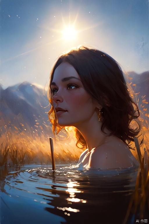 close up portrait of a cute woman bathing in a river, reeds, (backlighting), realistic, masterpiece, highest quality, lens flare, shade, bloom, [[chromatic aberration]], by Jeremy Lipking, by Antonio J. Manzanedo, digital painting