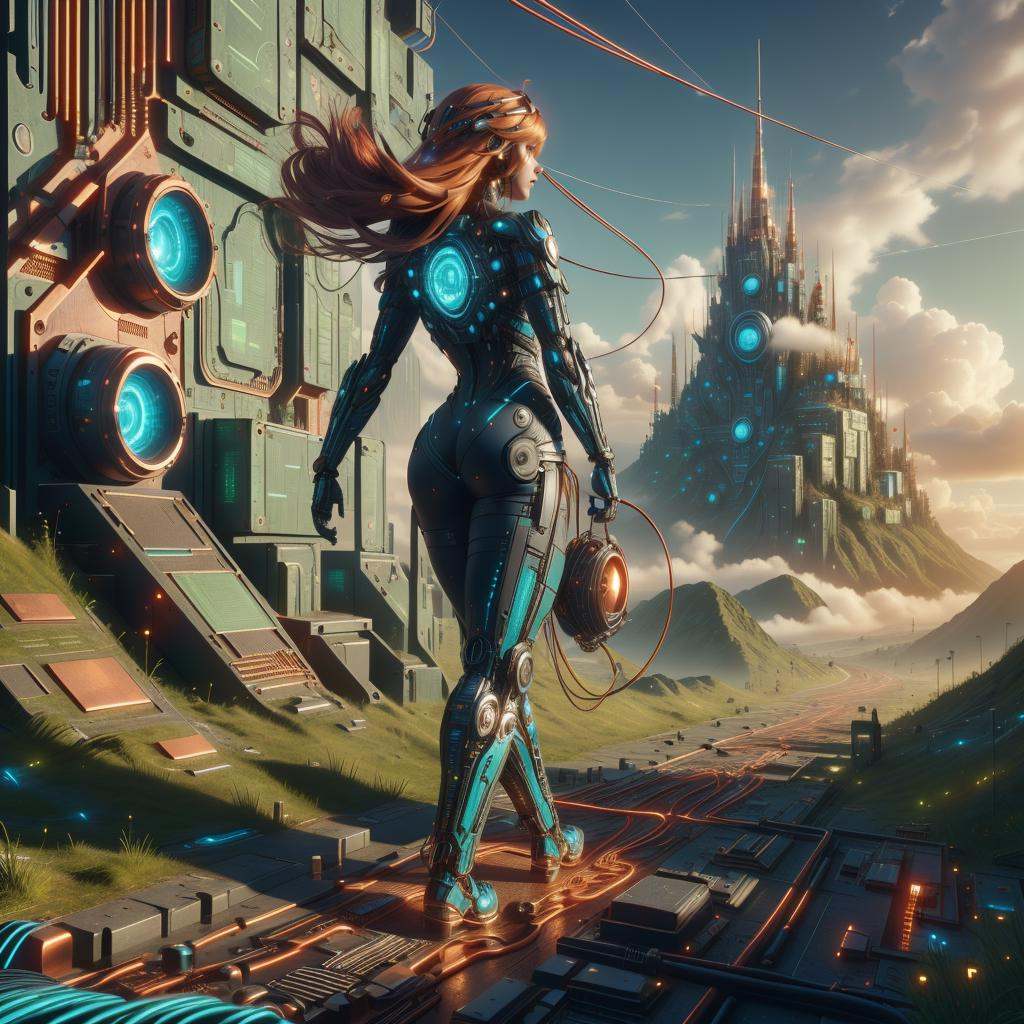 <lora:CircuitryTech-20:0.8>, circuitrytech ,scifi, cables, cmos circuitry, copper ,synthetic girl , full body, on a hill, long hair, epic scenery,walking,