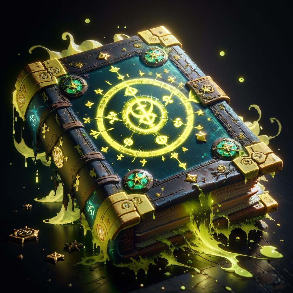<lora:AcidMagic-22:0.9>,AcidMagic , fantasy, toxic corrosion , acid aura,(book of spells:1.2) , studded with a glowing glyph , gameicon,, masterpiece,best quality, masterpiece, HD Transparent background, (simple background:1.2), dark background, <lora:FantasyIcons_Books:0.2>,