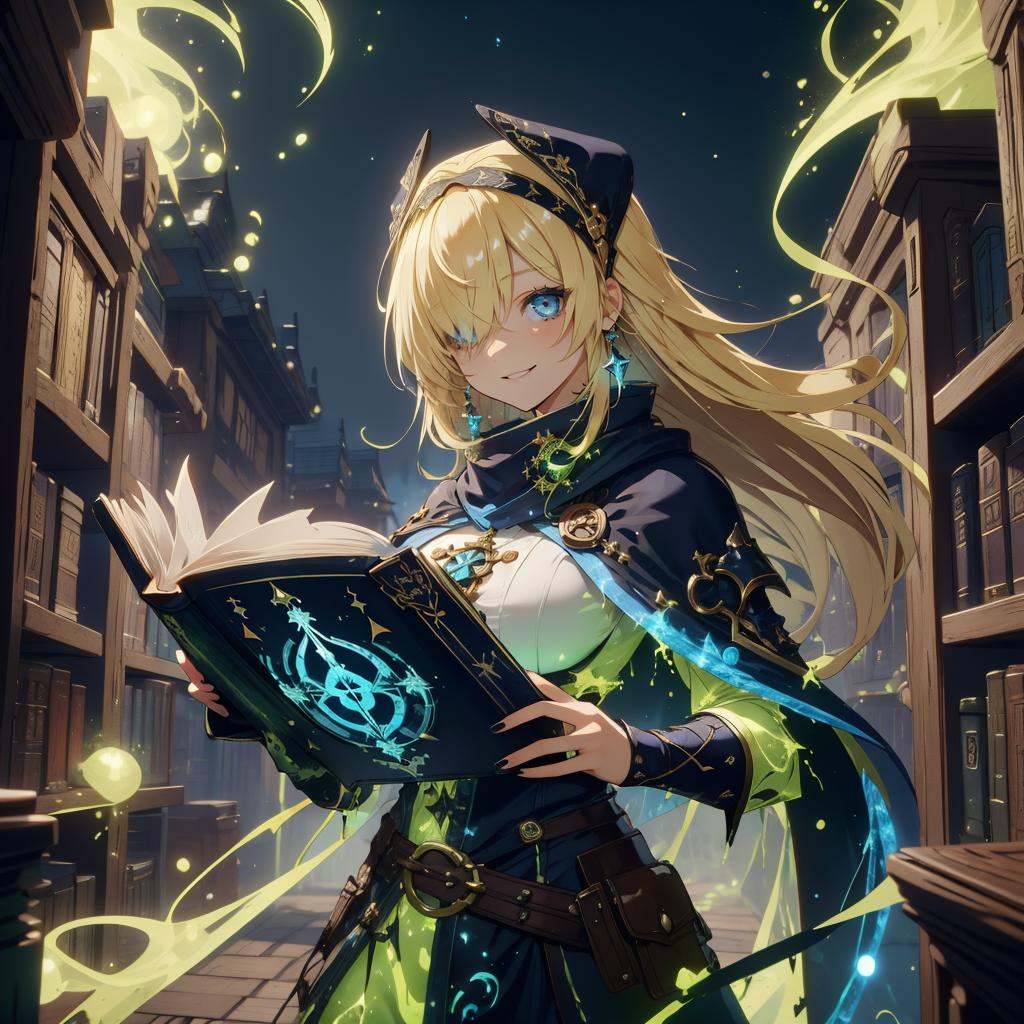 <lora:AcidMagic-22:0.9>,AcidMagic , fantasy, toxic corrosion , acid aura,curvy, big breasts, blue eyes, blonde hair, long hair, blunt bangs, hair over one eye, headband, kind smile, earnest, cape, circlet, bohemian dress , scarf, belt,1girl, holding a AcidMagic book,  eerie dark magical library ,