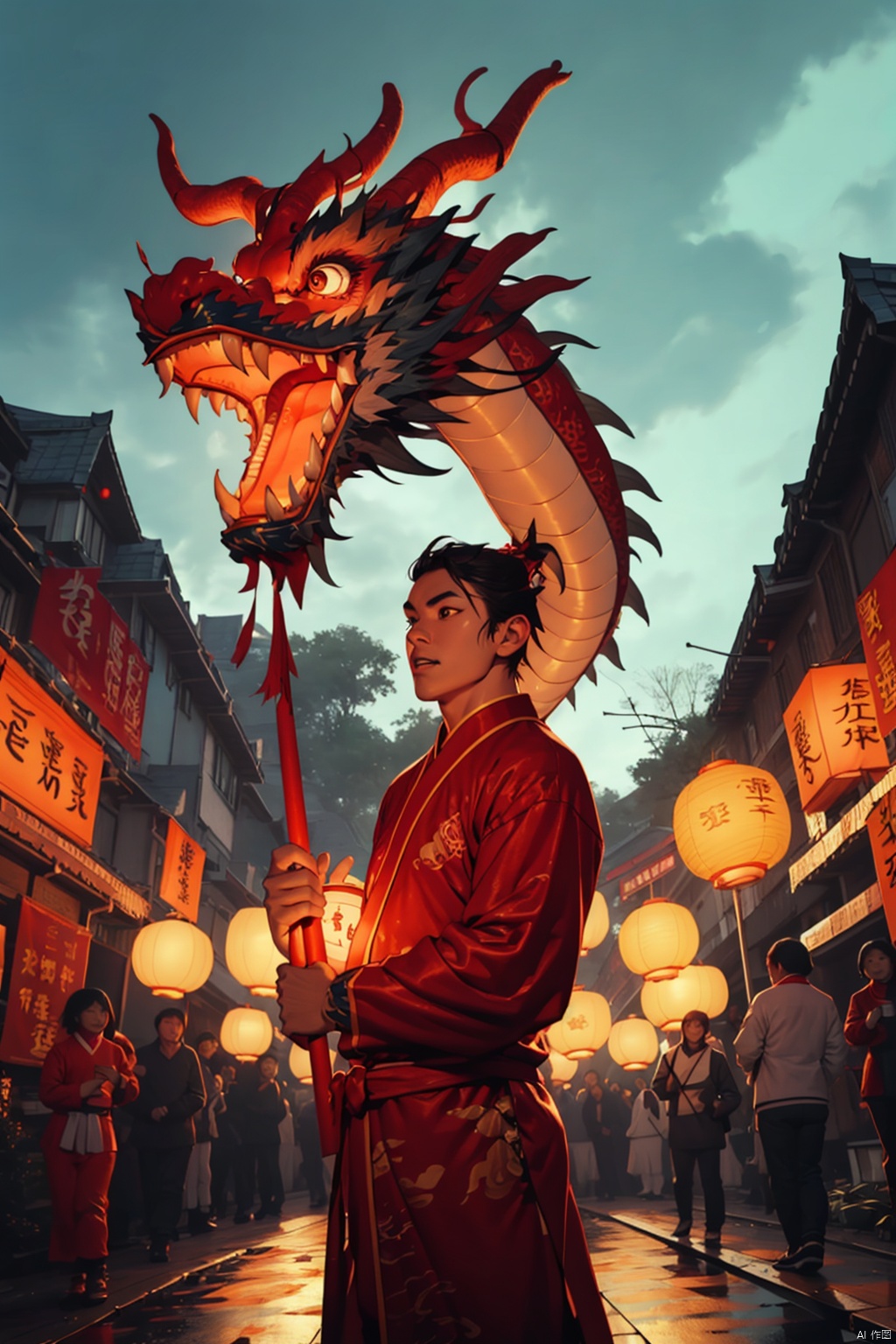 absurdres,absurdres,realistic,(full_shot:1.8), solo, , dragon lantern dance