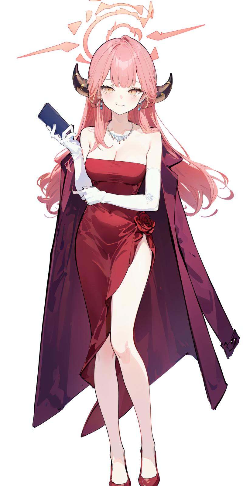 (masterpiece:1.2),best quality,PIXIV,Aru (red dress）,1girl, horns, aru \(blue archive\), solo, handbag, pink hair, gloves, dress, bag, halo, long hair, white background, necklace, simple background, jewelry, white gloves, full body, breasts, red dress, coat on shoulders, high heels, cleavage, holding bag, bangs, standing, holding, red footwear, looking at viewer, smile, jacket, jacket on shoulders, elbow gloves, closed mouth, strapless, side slit, medium breasts, collarbone, coat ,<lora:Aru red dress_20240224115337:0.8>,,,,,
