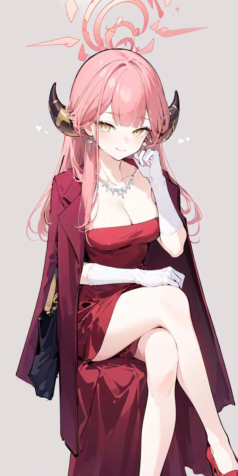 (masterpiece:1.2),best quality,PIXIV,Aru (red dress),1girl,gloves,solo,aru \(blue archive\),horns,long hair,white gloves,dress,breasts,halo,necklace,red dress,looking at viewer,jewelry,cleavage,handbag,pink hair,simple background,smile,coat on shoulders,bangs,jacket on shoulders,bag,sitting,crossed legs,high heels,jacket,elbow gloves,closed mouth,grey background,yellow eyes,red footwear,strapless,collarbone,medium breasts,hand on own chin,<lora:Aru red dress_20240224115337:0.8>,