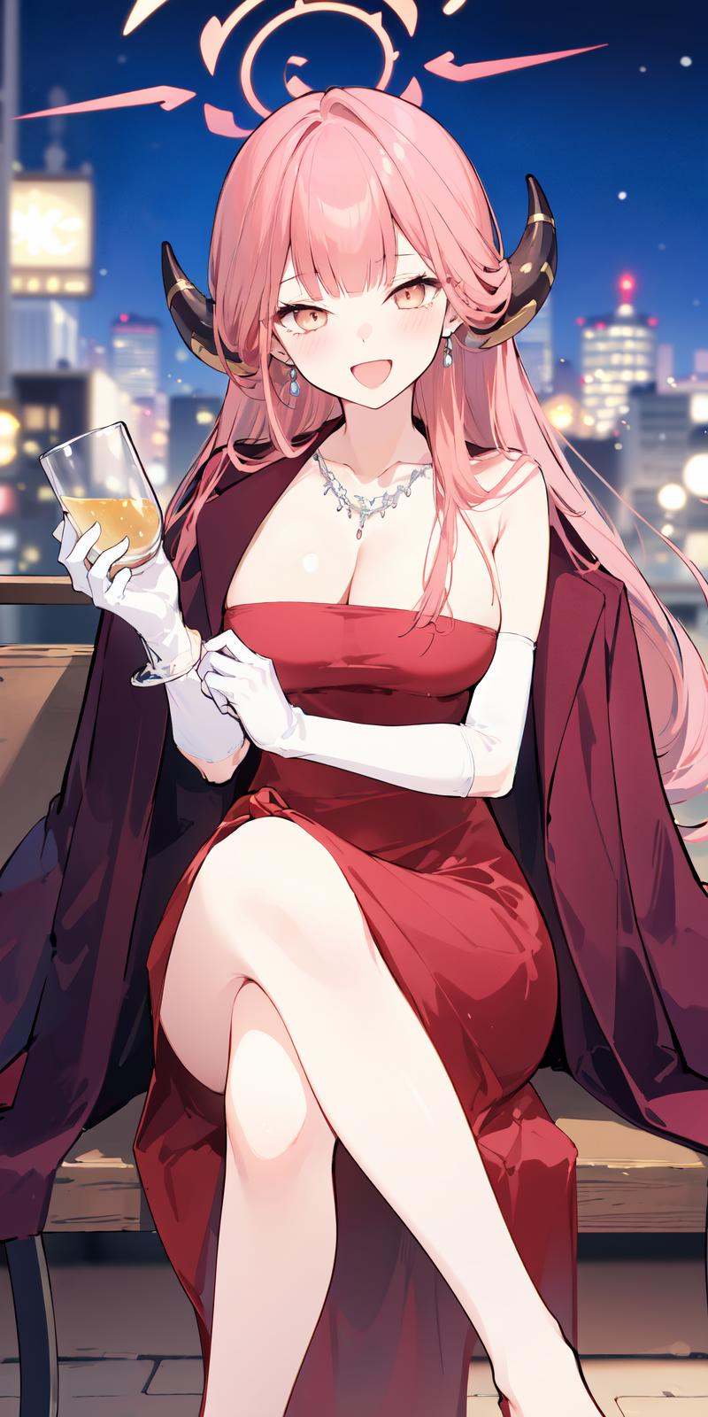 (masterpiece:1.2),best quality,PIXIV,Aru (red dress),1girl, long hair, solo, horns, aru \(blue archive\), gloves, dress, breasts, sitting, pink hair, holding, jacket on shoulders, smile, open mouth, necklace, white gloves, bangs, jewelry, looking at viewer, :d, blush, halo, cleavage, crossed legs, coat on shoulders, jacket, cup, holding cup, night, red dress, collarbone, feet out of frame, elbow gloves, large breasts, drink, blunt bangs, blurry, cityscape, drinking glass<lora:Aru red dress_20240224115337:0.8>,