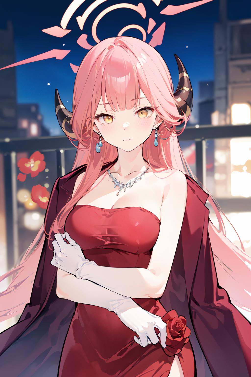 (masterpiece:1.2),best quality,PIXIV,aru (red dress),1girl,breaks,jewelry,gloves,long hair,dress,clearance,horns,earrings,necklace,aru \ (blue archive \),red dress,blur,white gloves,large breaks,halo,solo focus,pink hair,bands,looking at viewer,closed mouth,yellow eyes,bag,blur,jacket,handle dbag,coat on shoulders,collarbone,very long hair,blur background,side slip,straps,rose,jacket on shoulders,blunt bangs,flower,<lora:Aru red dress_20240224115337:0.8>,