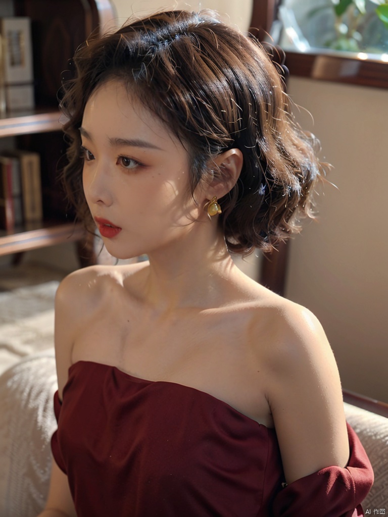  1, 1girl, short hair, brown hair, solo, dress, brown eyes, looking at viewer, holding, red dress, parted lips, bare shoulders, indoors, lips, upper body, sleeveless