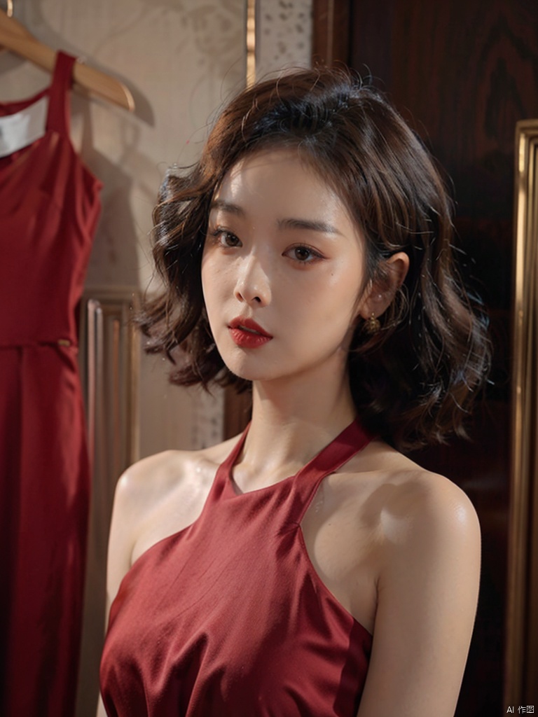  1, 1girl, short hair, brown hair, solo, dress, brown eyes, looking at viewer, holding, red dress, parted lips, bare shoulders, indoors, lips, upper body, sleeveless