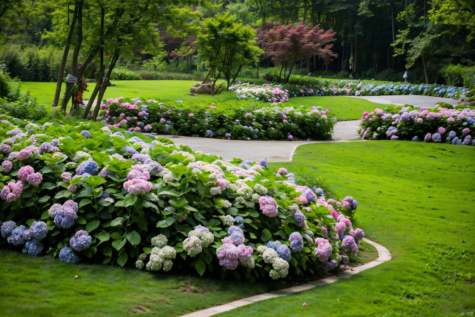  masterpiece,best quality, white flowers,purple flowers,blue flowers,pink flowers,grass,tree,road