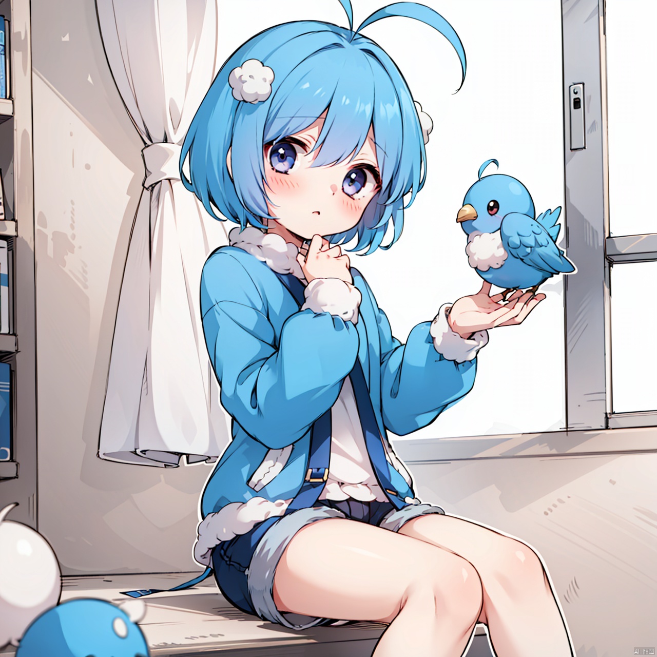  masterpiece, bestquality, Swablu personified, 1girl, solo, blush, short hair, blue hair, ahoge, shorts, antenna hair,