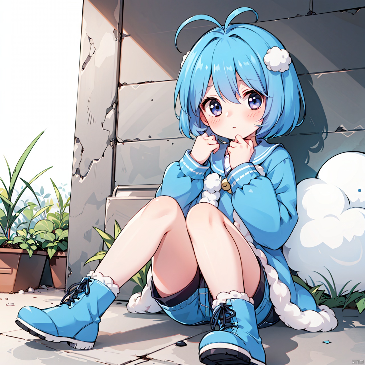  masterpiece, bestquality, Swablu personified, 1girl, solo, blush, short hair, sitting, blue hair, ahoge, boots, shorts, antenna hair, personification,