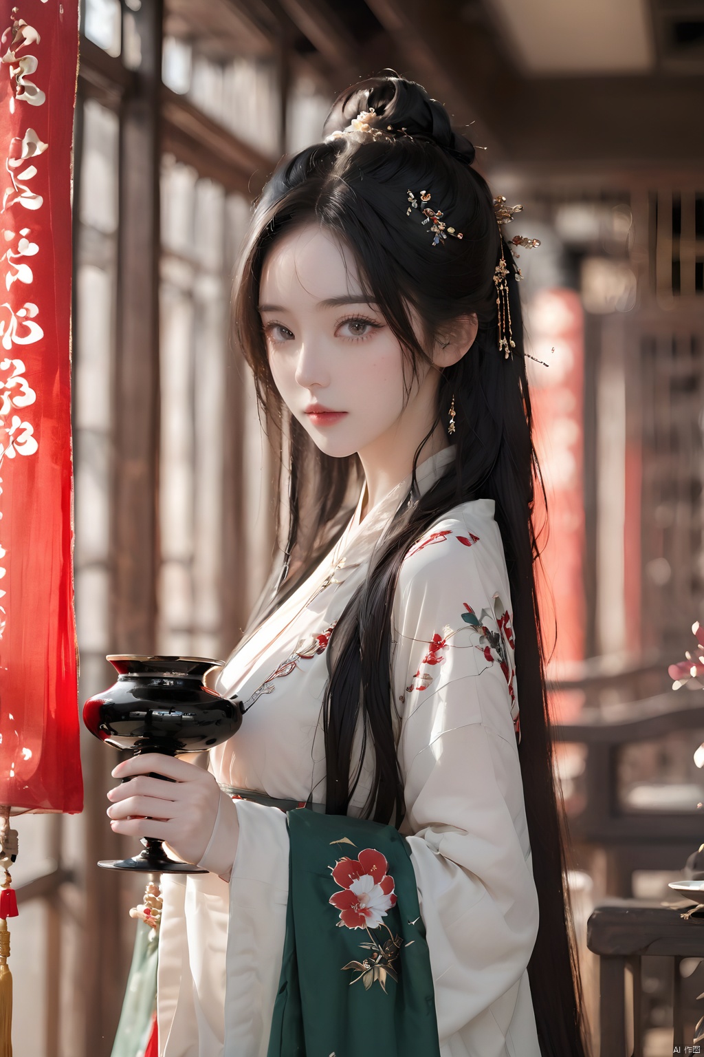 (Representative work, best quality),1girl,black hair,blurry background,depth of field,Holding a wine jug,Hanfu,Wooden wall,Men's clothing,lips,long sleeves,looking at viewer,solo