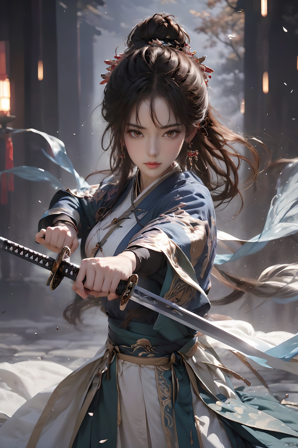 (Representative work, best quality),1girl,brown eyes,brown hair,earrings,fighting stance,hair ornament,Unsheathed sword,Grasp the hilt with your hand,The sword body blocks the left face,Close ups,The other hand is like a sword finger,Sword tip vertically upwards,Hanfu,holding sword,jewelry,looking at viewer