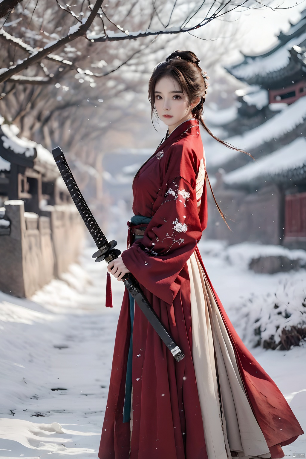 (Representative work, best quality),1girl,bare tree,brown eyes,brown hair,Ancient Chinese Hanfu,long sleeves,looking at viewer,outdoors,Hanfu,Grasp the scabbard with both hands,Scabbard,Sword with Sheath,Red Hanfu,red theme,snow,snowflakes,snowing,solo,standing,tree,wide sleeves,winter
