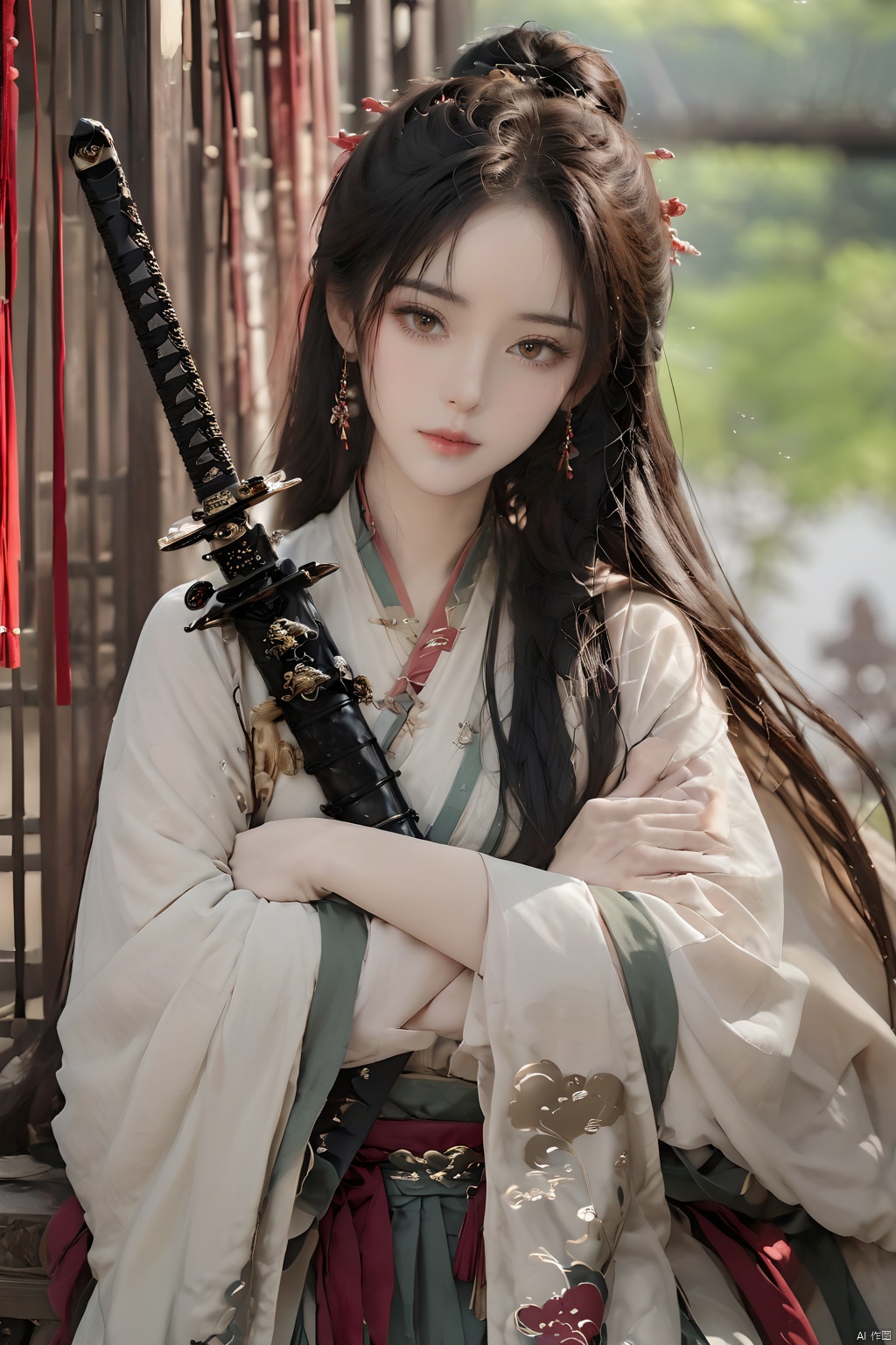  (Representative work, best quality),1girl,blurry background,brown eyes,crossed arms,depth of field,earrings,jewelry,Hanfu,Embrace Sword,Men's clothing,Sword with Sheath,lips,long hair,long sleeves,looking at viewer,photo \(medium\),Scabbard,solo