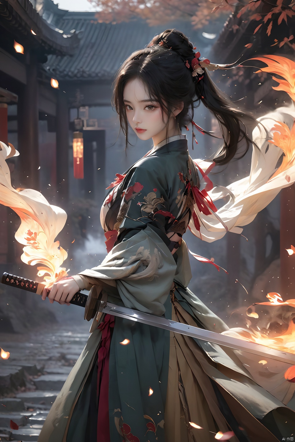 (Representative work, best quality),1girl,black hair,embers,falling leaves,falling petals,fire,high ponytail,holding sword,Ancient Chinese Hanfu,Brave and spirited,Hanfu,Grasp the hilt with your hand,solo,Unsheathed sword,sword-dance,long hair,long sleeves,looking at viewer,petals,ponytail,Arm with protective sheath,solo,standing,wide sleeves