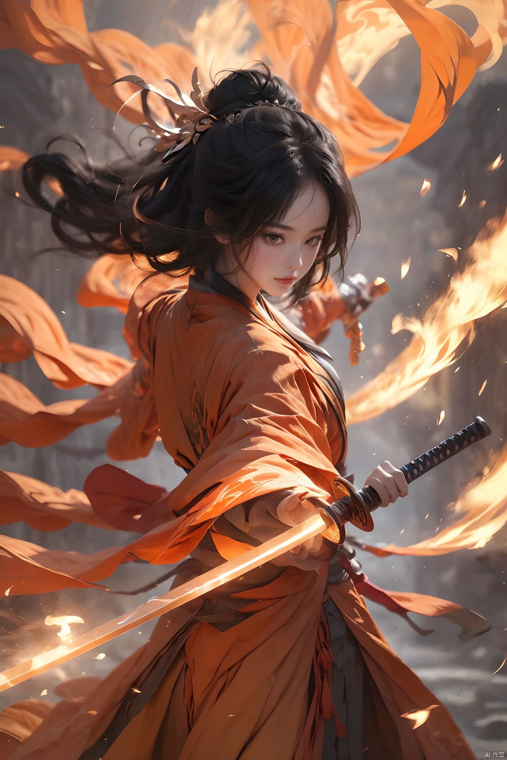 (Representative work, best quality),1girl,black hair,charmander,fighting stance,Unsheathed sword,solo,Energy band,Hanfu,Brave and spirited,sword-dance,Floating twisted energy bands,Grasp the hilt with your hand,holding sword,long hair,long sleeves,magic,molten rock,orange sky,orange theme,pyrokinesis,solo,sparks