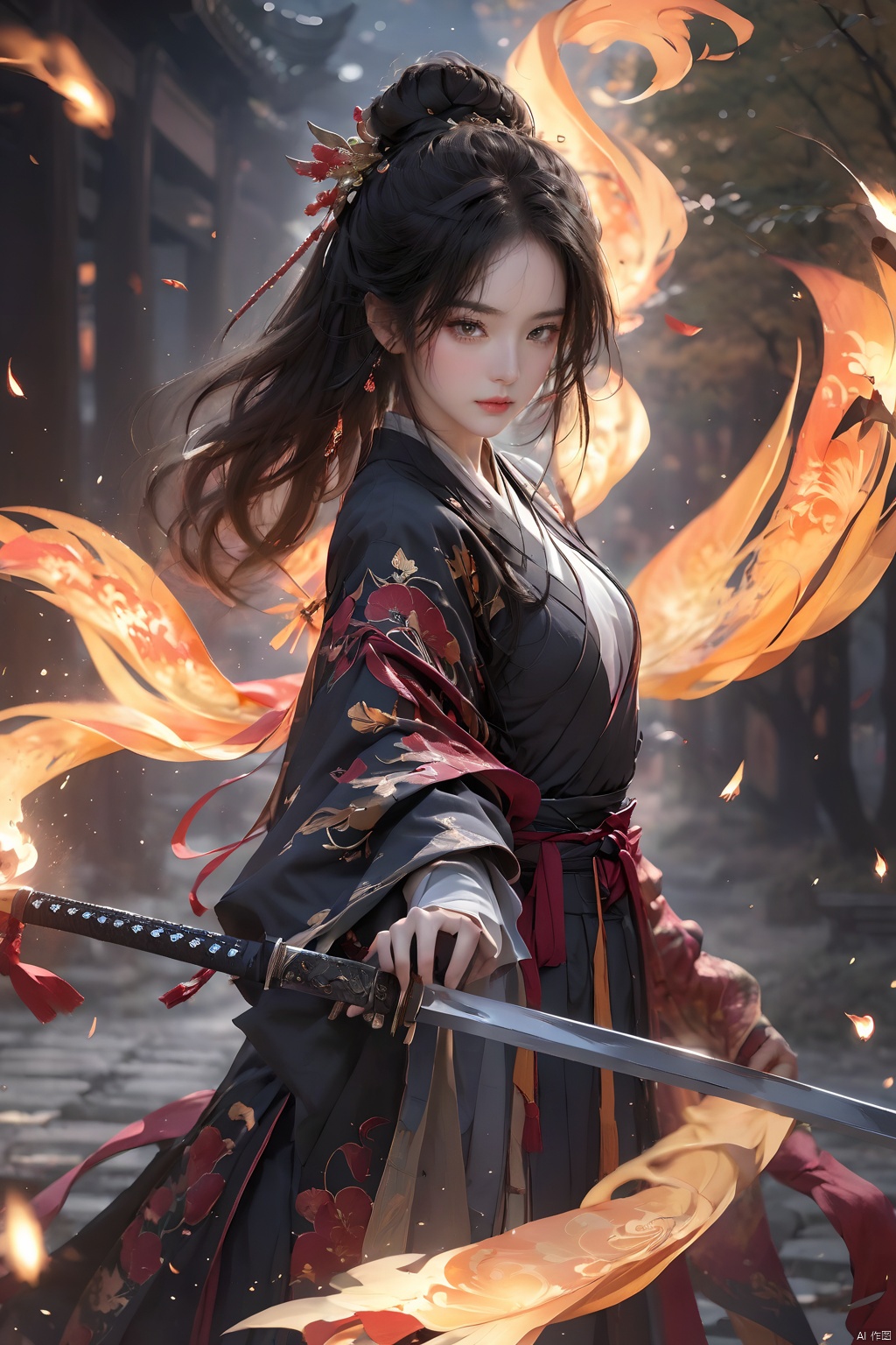 (Representative work, best quality),1girl,black hair,embers,falling leaves,falling petals,fire,high ponytail,holding sword,Ancient Chinese Hanfu,Brave and spirited,Hanfu,Grasp the hilt with your hand,solo,Unsheathed sword,sword-dance,long hair,long sleeves,looking at viewer,petals,ponytail,Arm with protective sheath,solo,standing,wide sleeves