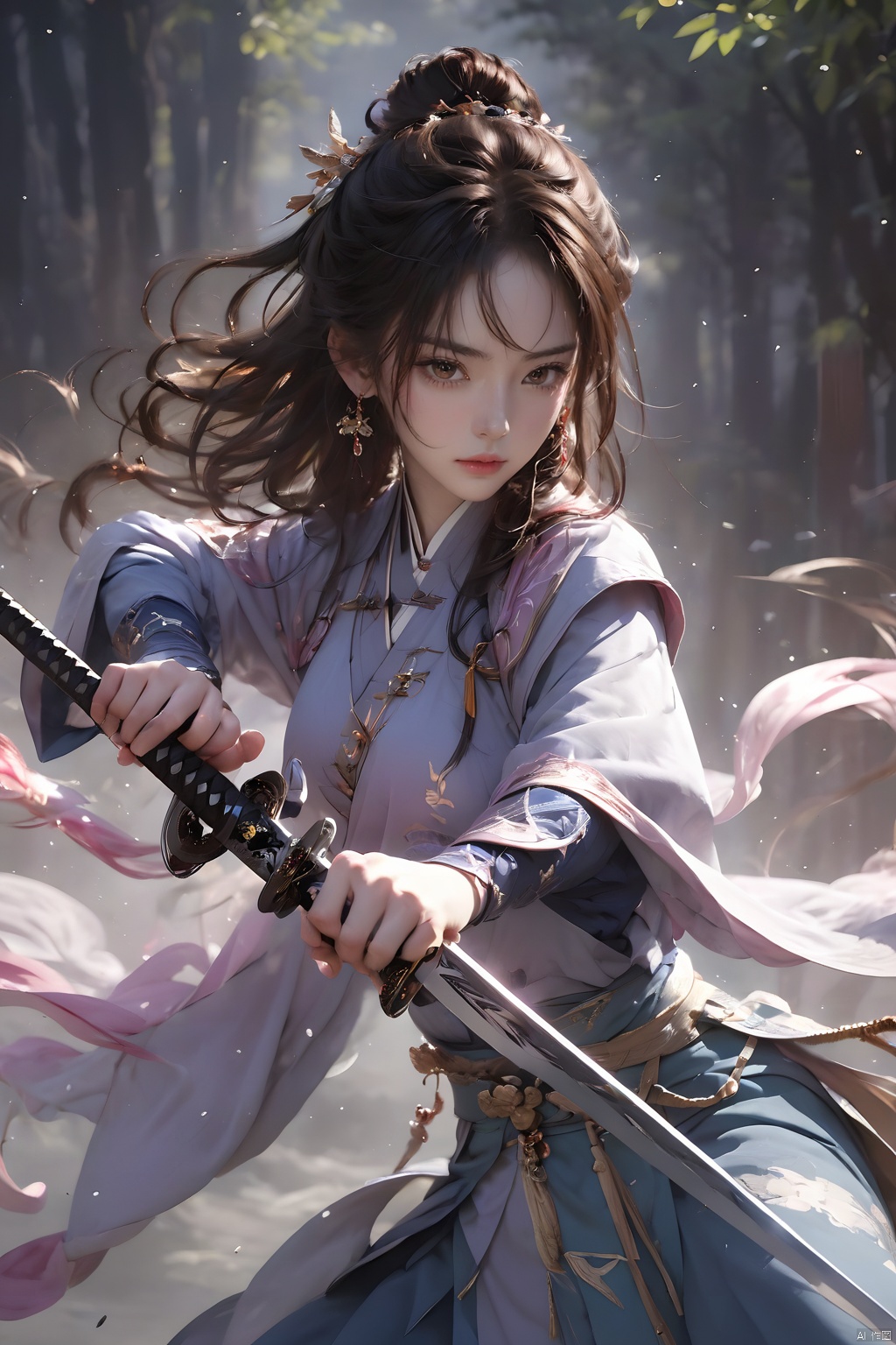 (Representative work, best quality),1girl,brown eyes,brown hair,earrings,fighting stance,hair ornament,Unsheathed sword,Grasp the hilt with your hand,The sword body blocks the left face,Close ups,The other hand is like a sword finger,Sword tip vertically upwards,Hanfu,holding sword,jewelry,looking at viewer