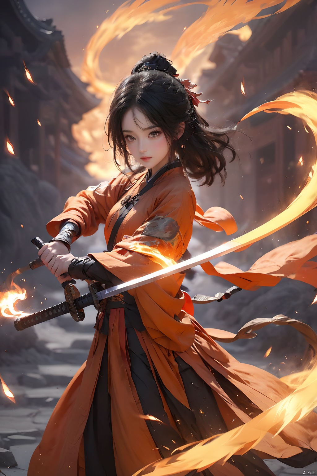 (Representative work, best quality),1girl,black hair,charmander,fighting stance,Unsheathed sword,solo,Energy band,Hanfu,Brave and spirited,sword-dance,Floating twisted energy bands,Grasp the hilt with your hand,holding sword,long hair,long sleeves,magic,molten rock,orange sky,orange theme,pyrokinesis,solo,sparks