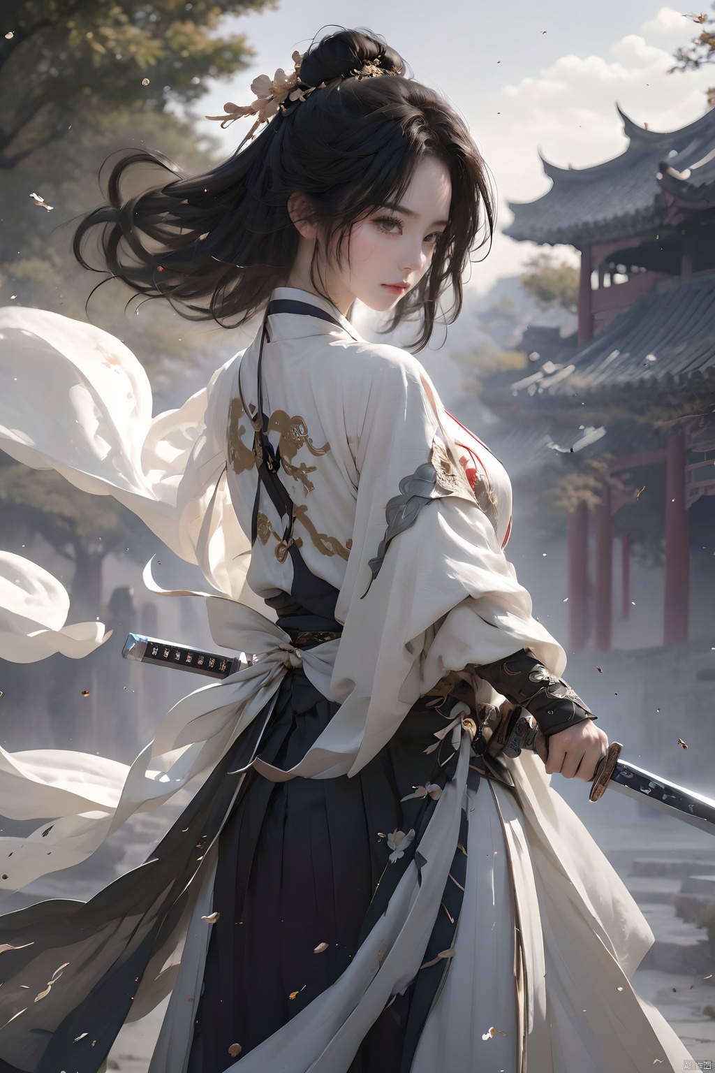 (Representative work, best quality),1girl,black hair,day,holding sword,Unsheathed sword,Touch the sword body with the other hand,Hanfu,Men's clothing,Magic Sword,Grasp the hilt with your hand,outdoors,sky,solo