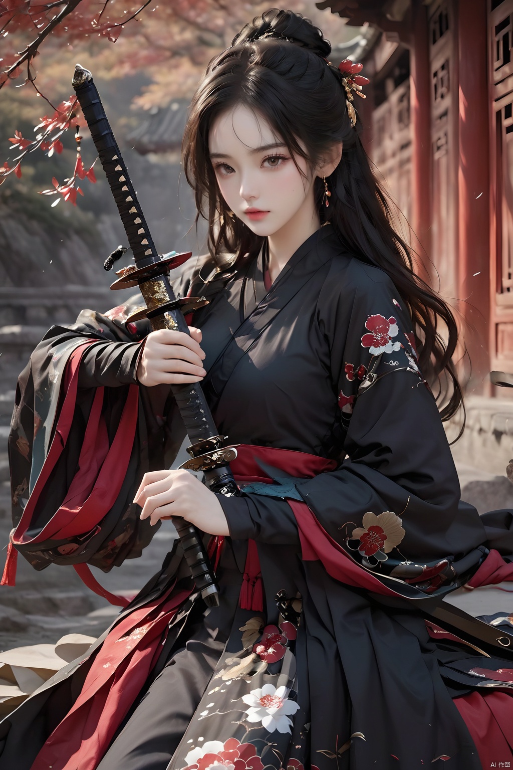 (Representative work, best quality),1girl,architecture,black hair,Black Hanfu,brown eyes,dress,earrings,Chinese architecture,fighting stance,floral print,flower,full body,Sitting posture,Grasp the scabbard with the other hand,The sword and scabbard are completely separated,Grasp the hilt with your hand,Hanfu,holding sword,jewelry,lips,long hair,red lips,Scabbard,solo,standing,tree