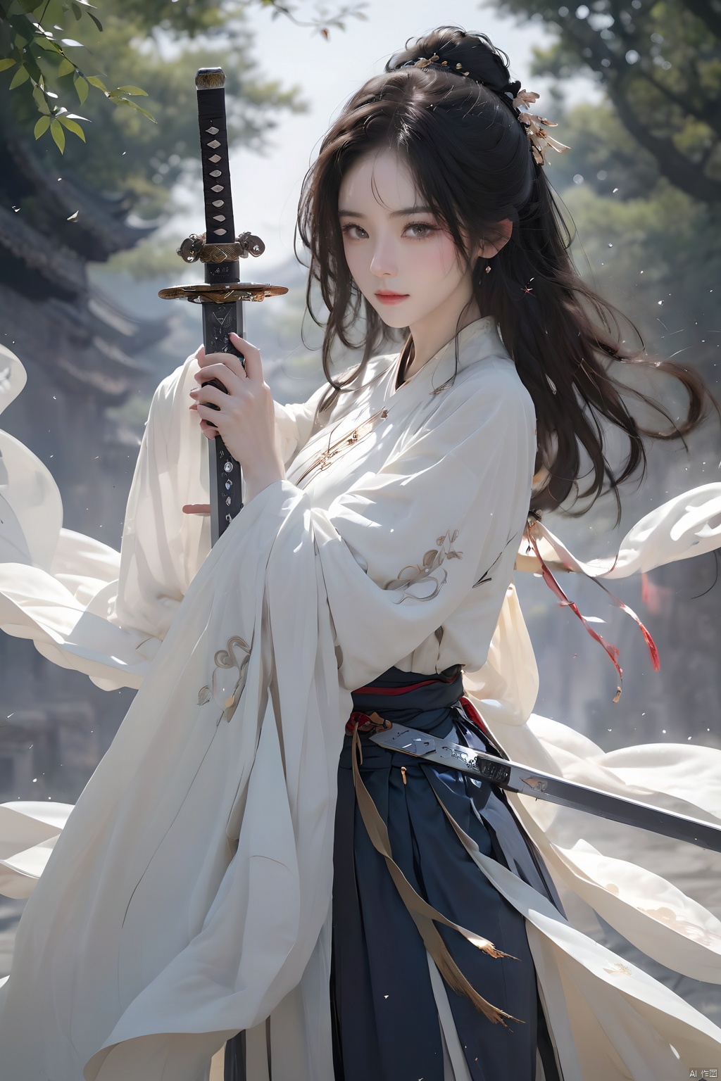 (Representative work, best quality),1girl,black hair,day,holding sword,Unsheathed sword,Touch the sword body with the other hand,Hanfu,Men's clothing,Magic Sword,Grasp the hilt with your hand,outdoors,sky,solo