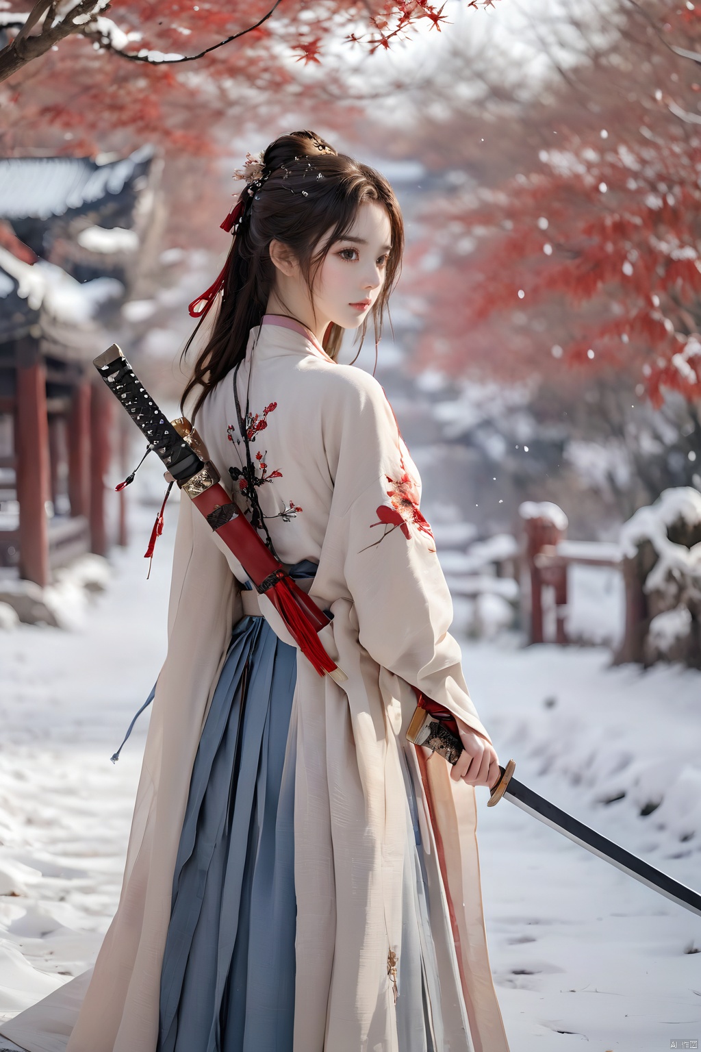 (Representative work, best quality),1girl,bare tree,brown eyes,brown hair,Ancient Chinese Hanfu,long sleeves,looking at viewer,outdoors,Hanfu,Grasp the scabbard with both hands,Scabbard,Sword with Sheath,Red Hanfu,red theme,snow,snowflakes,snowing,solo,standing,tree,wide sleeves,winter