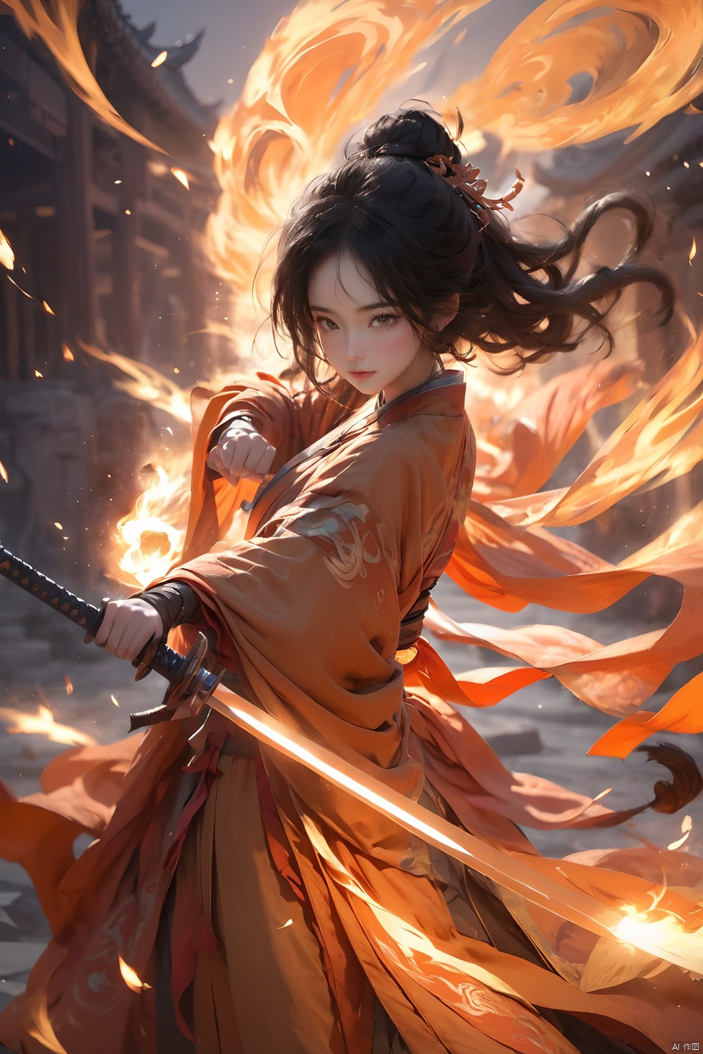 (Representative work, best quality),1girl,black hair,charmander,fighting stance,Unsheathed sword,solo,Energy band,Hanfu,Brave and spirited,sword-dance,Floating twisted energy bands,Grasp the hilt with your hand,holding sword,long hair,long sleeves,magic,molten rock,orange sky,orange theme,pyrokinesis,solo,sparks