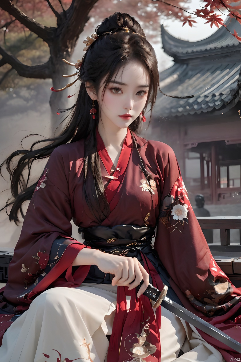 (Representative work, best quality),1girl,architecture,black hair,Black Hanfu,brown eyes,dress,earrings,Chinese architecture,fighting stance,floral print,flower,full body,Sitting posture,Grasp the scabbard with the other hand,The sword and scabbard are completely separated,Grasp the hilt with your hand,Hanfu,holding sword,jewelry,lips,long hair,red lips,Scabbard,solo,standing,tree