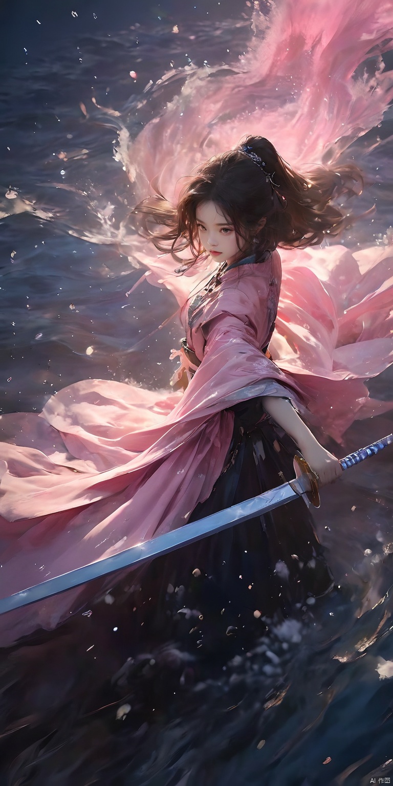  best quality,masterpiece,16k,1girl,holding sword,sword-dance,sparkling glass, sparkling star, stereoscopic Uneven crystal, realistic,Best quality, 8k, cg,high definition,pink_background,light,starry_background, naturalistic rendering, traditional chinese ink painting, 20% pink line, 10%yellow,water,corrugation,golden, 10%light blue,3D, starry sky, 1girl