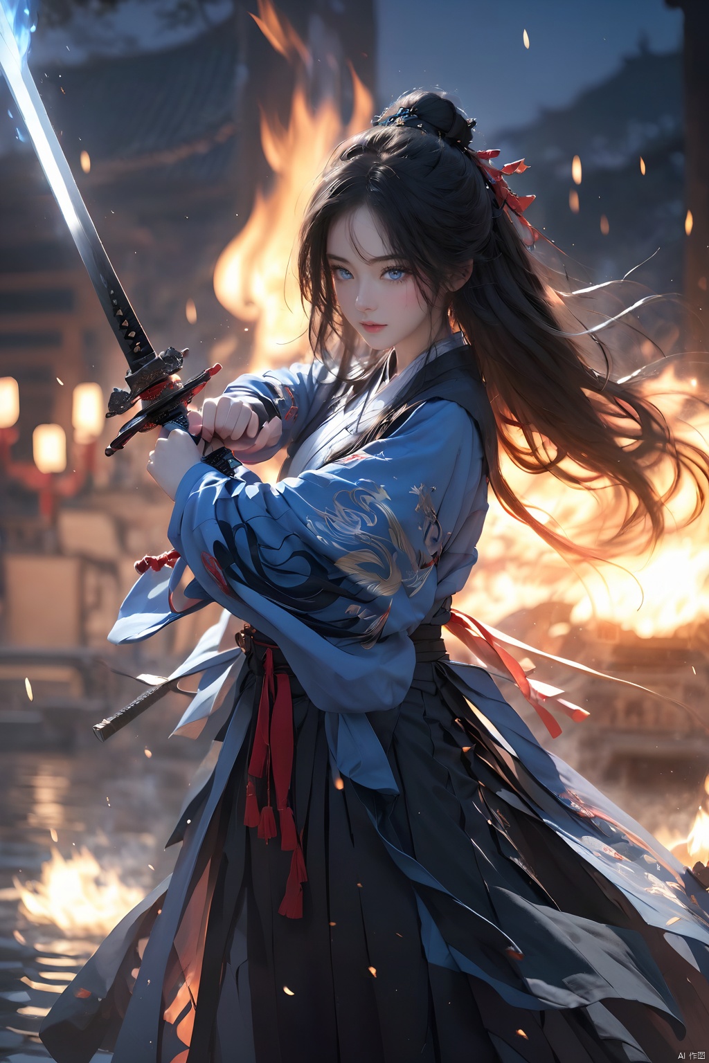 (Representative work, best quality), 1 girl,sword dance, sword holding, black hair, blue eyes, blurred background, burning, depth of field, flames, flames, burning sword, burning weapon, solo, blue flames, Hanfu, bravery and spirit,  long hair, magic, night and night, solo, water