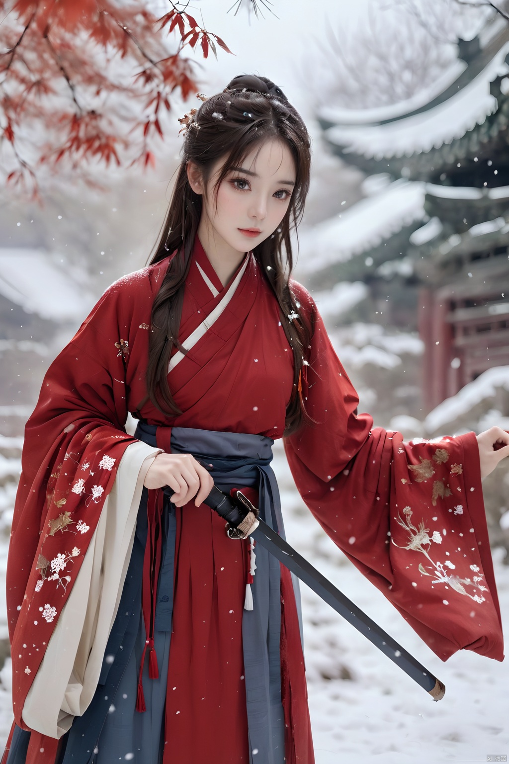 (Representative work, best quality),1girl,bare tree,brown eyes,brown hair,Ancient Chinese Hanfu,long sleeves,looking at viewer,outdoors,Hanfu,Grasp the scabbard with both hands,Scabbard,Sword with Sheath,Red Hanfu,red theme,snow,snowflakes,snowing,solo,standing,tree,wide sleeves,winter