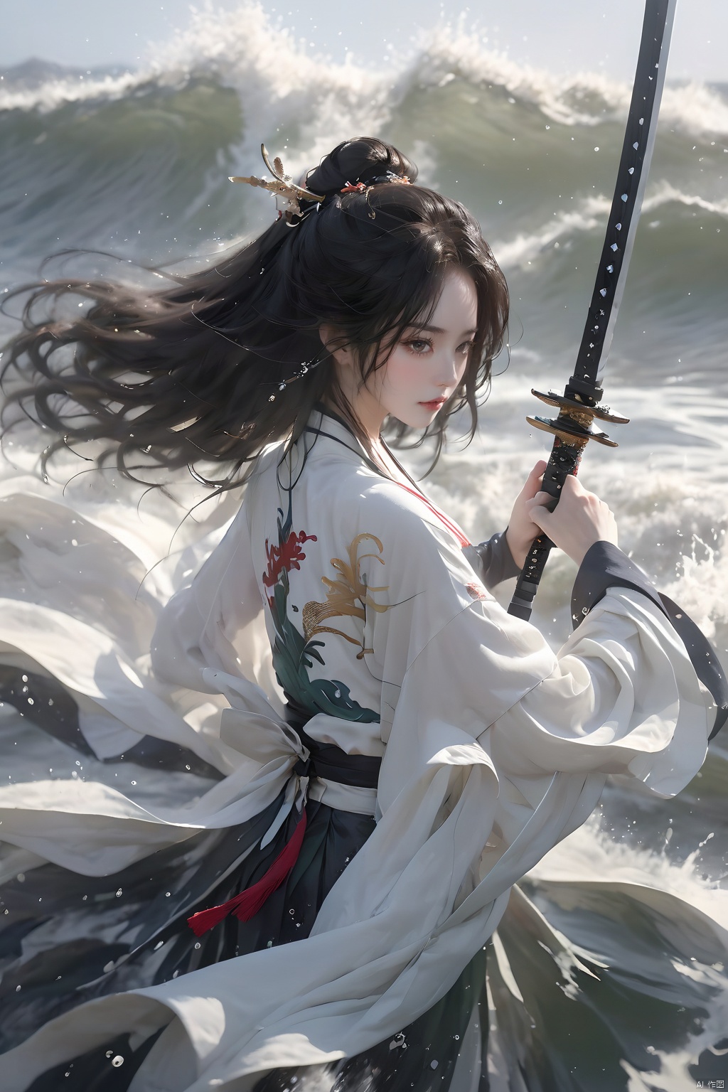 (Representative work, best quality),1girl,black hair,chinese clothes,holding sheath,holding sword,long hair,ocean,ripples,Unsheathed sword,solo,side,Grasp the hilt with your hand,Waves,Hanfu,Brave and spirited,sword-dance,solo,splashing,standing on liquid,wading,walking on liquid,water,waves,wet,wet clothes