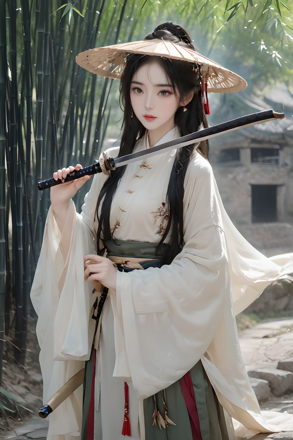 (Representative work, best quality),1girl,black hair,capelet,day,Bamboo hat,lips,Men's clothing,Touch the bamboo hat with the other hand,Black Hat,Sword hanging on the waist,Hanfu,looking at viewer,outdoors,Scabbard,sheathed,solo,standing