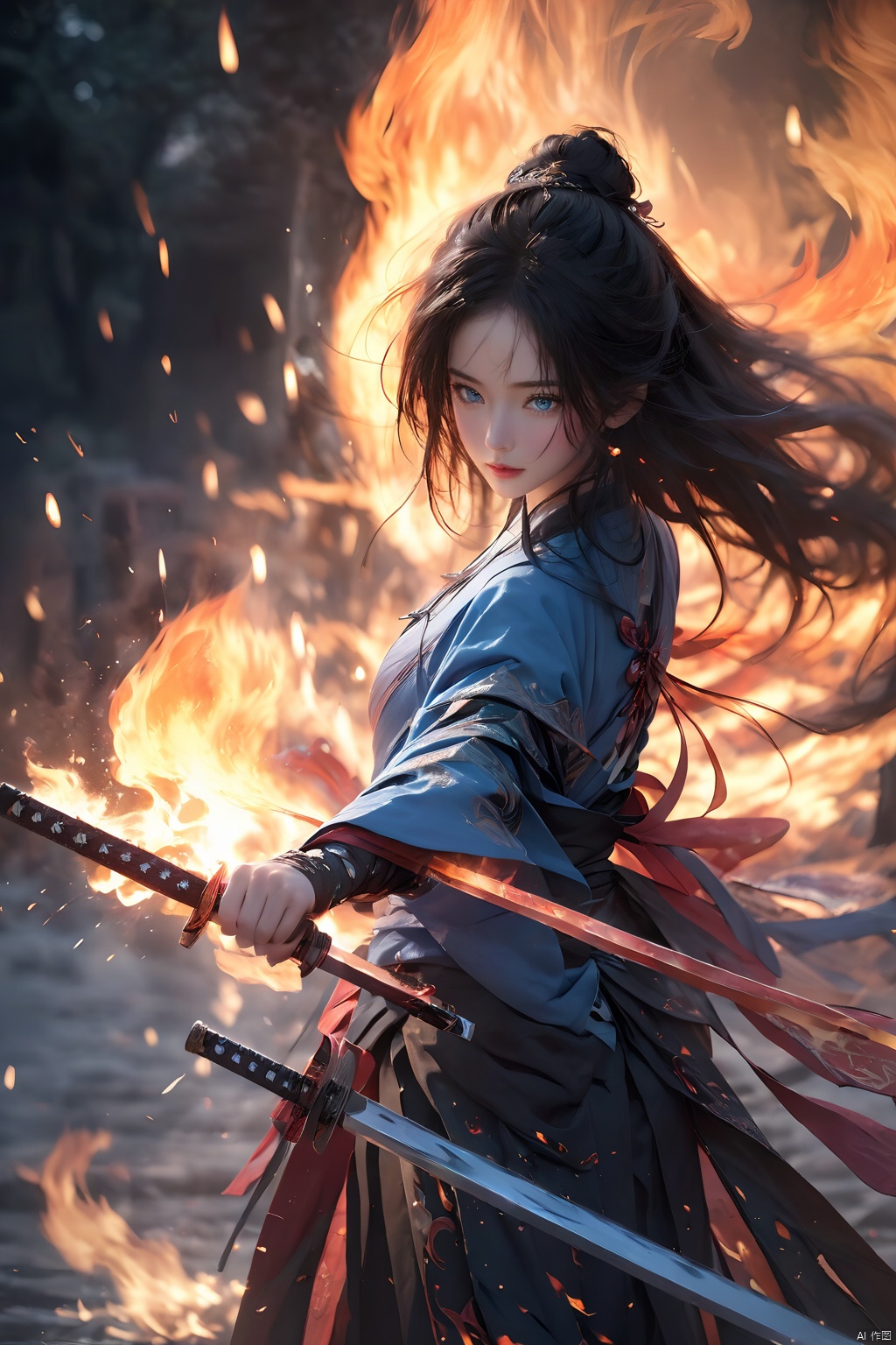  (masterpiece, best quality:1.2),1girl,black hair,blue eyes,blurry background,burning,depth of field,fire,flame,flaming sword,flaming weapon,Unsheathed sword,solo,Grasp the hilt with your hand,Blue flames,Hanfu,Brave and spirited,sword-dance,holding sword,long hair,magic,night,solo,water