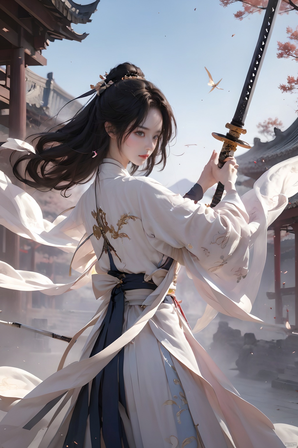 (Representative work, best quality),1girl,black hair,day,holding sword,Unsheathed sword,Touch the sword body with the other hand,Hanfu,Men's clothing,Magic Sword,Grasp the hilt with your hand,outdoors,sky,solo