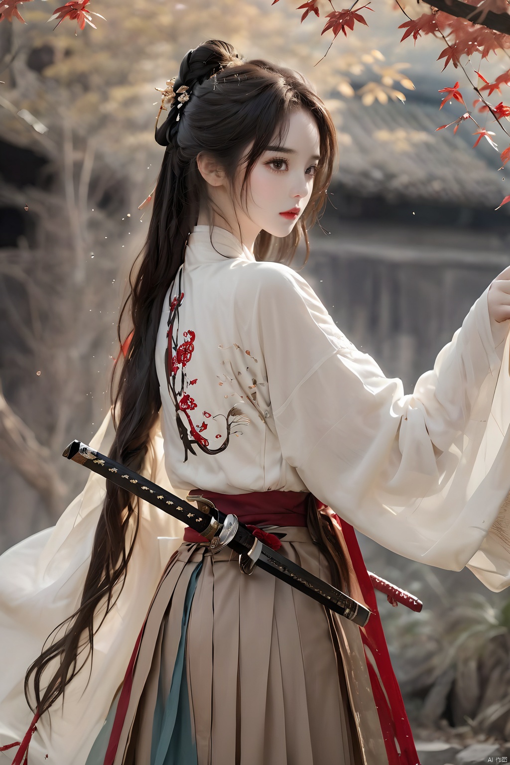 (Representative work, best quality),1girl,brown eyes,brown hair,Ancient Chinese Hanfu,lips,long hair,long sleeves,Sword with Sheath,Scabbard,wood,side,Grasp the scabbard with your hand,Hanfu,red lips,solo,standing