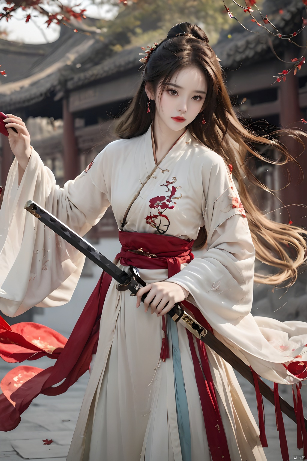 (Representative work, best quality),1girl,brown eyes,brown hair,Ancient Chinese Hanfu,lips,long hair,long sleeves,Sword with Sheath,Scabbard,wood,side,Grasp the scabbard with your hand,Hanfu,red lips,solo,standing