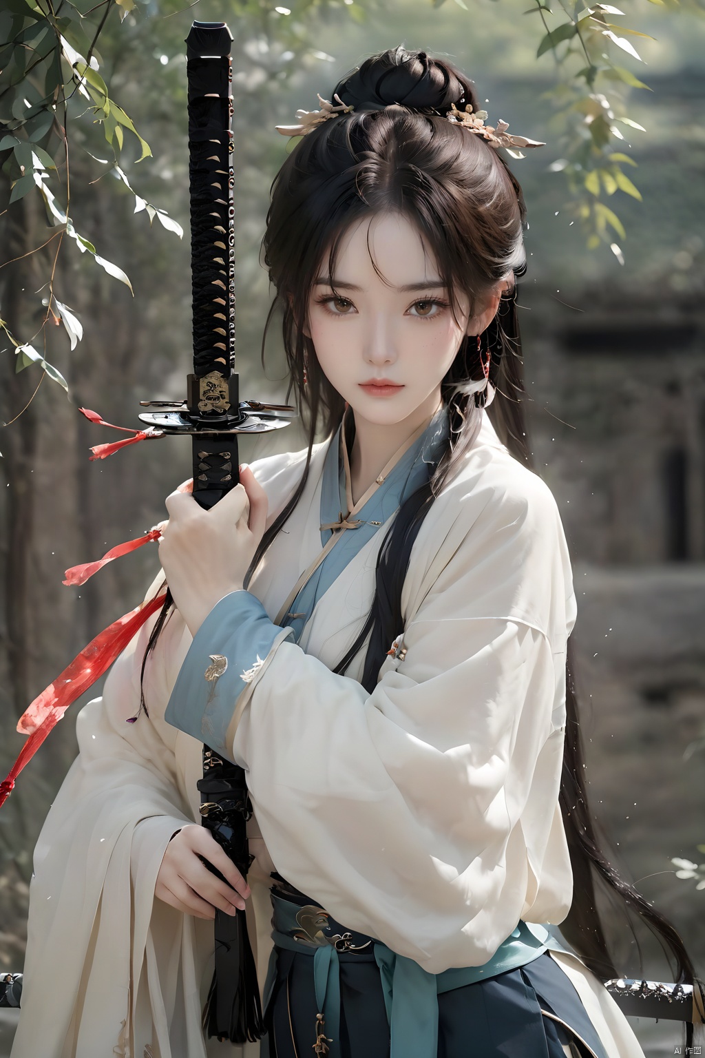 (Representative work, best quality),1girl,Embrace Sword,Sword with Sheath,Ancient Chinese Hanfu,brown eyes,black hair,closed mouth,crossed arms,hair ornament,lips,long hair,Hanfu,long sleeves,looking at viewer,ponytail,realistic,Scabbard,sheathed,solo,upper body,wide sleeves