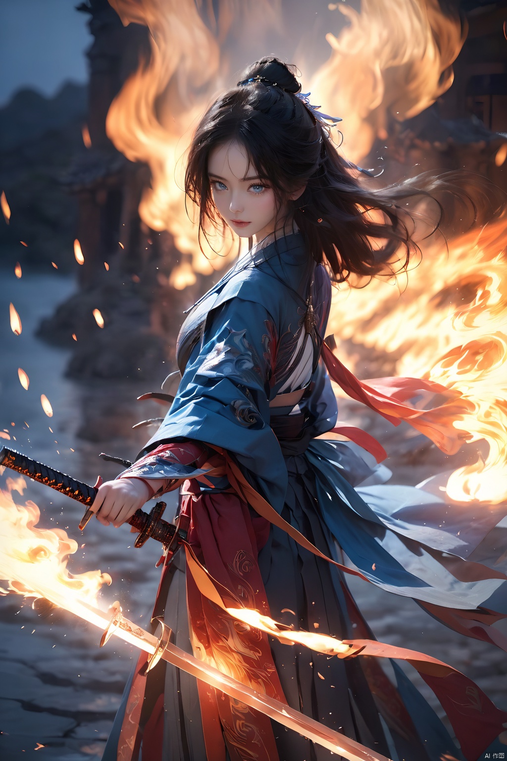  (masterpiece, best quality:1.2),1girl,black hair,blue eyes,blurry background,burning,depth of field,fire,flame,flaming sword,flaming weapon,Unsheathed sword,solo,Grasp the hilt with your hand,Blue flames,Hanfu,Brave and spirited,sword-dance,holding sword,long hair,magic,night,solo,water