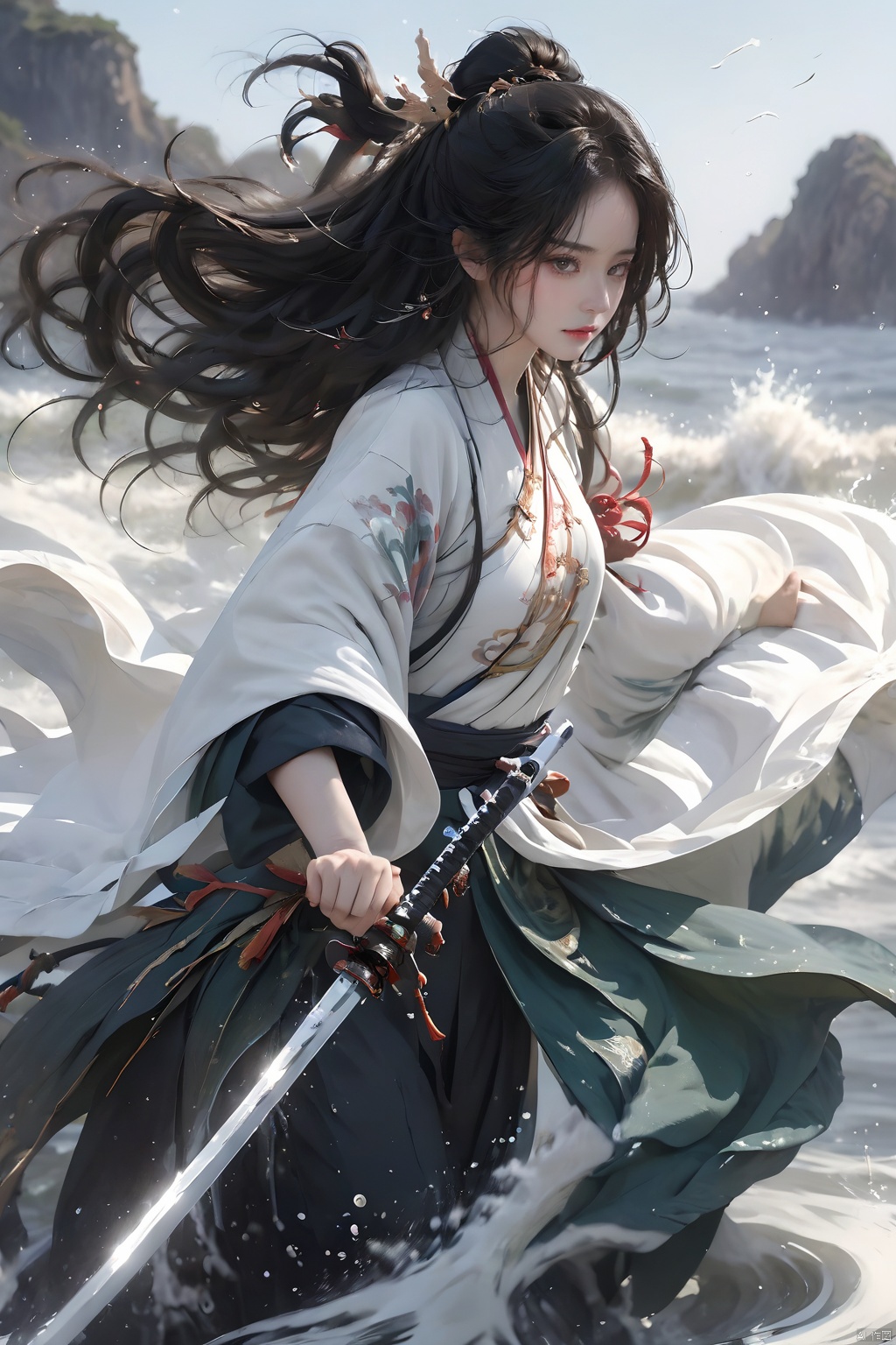 (Representative work, best quality),1girl,black hair,chinese clothes,holding sheath,holding sword,long hair,ocean,ripples,Unsheathed sword,solo,side,Grasp the hilt with your hand,Waves,Hanfu,Brave and spirited,sword-dance,solo,splashing,standing on liquid,wading,walking on liquid,water,waves,wet,wet clothes