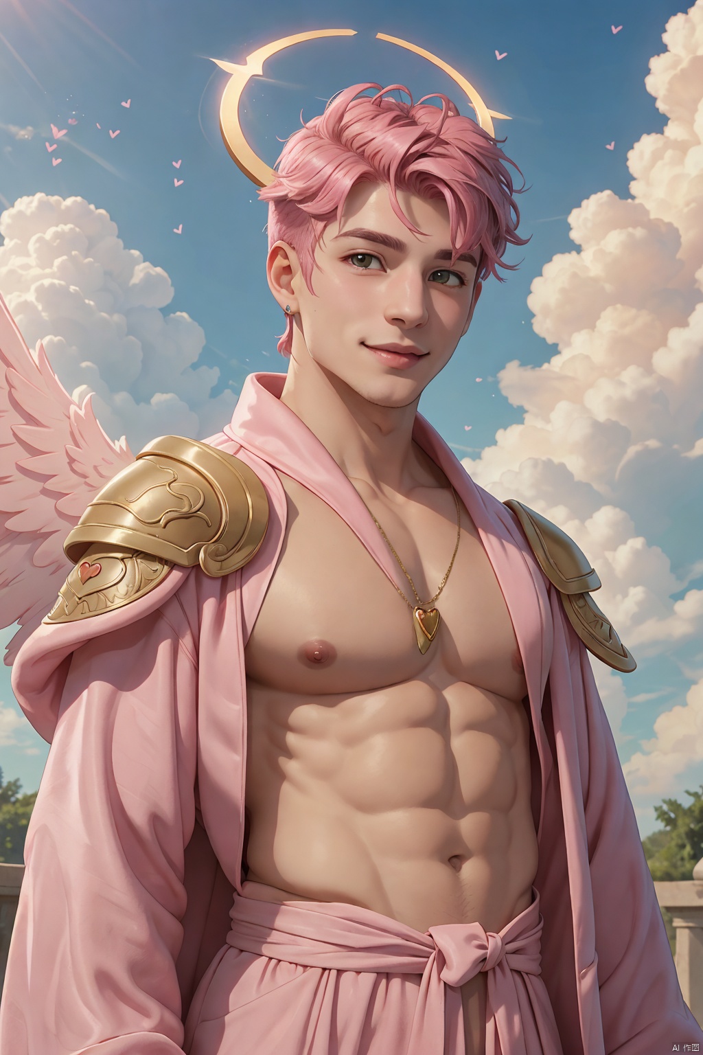 Photo of a man wearing cupid costume, (pink hair), wings, flying, halo, (pink robe), armor, (surrounded by clouds), ethereal, (seductive smile:0.6), , jewelry, best quality, extremely detailed, intricate details, male focus