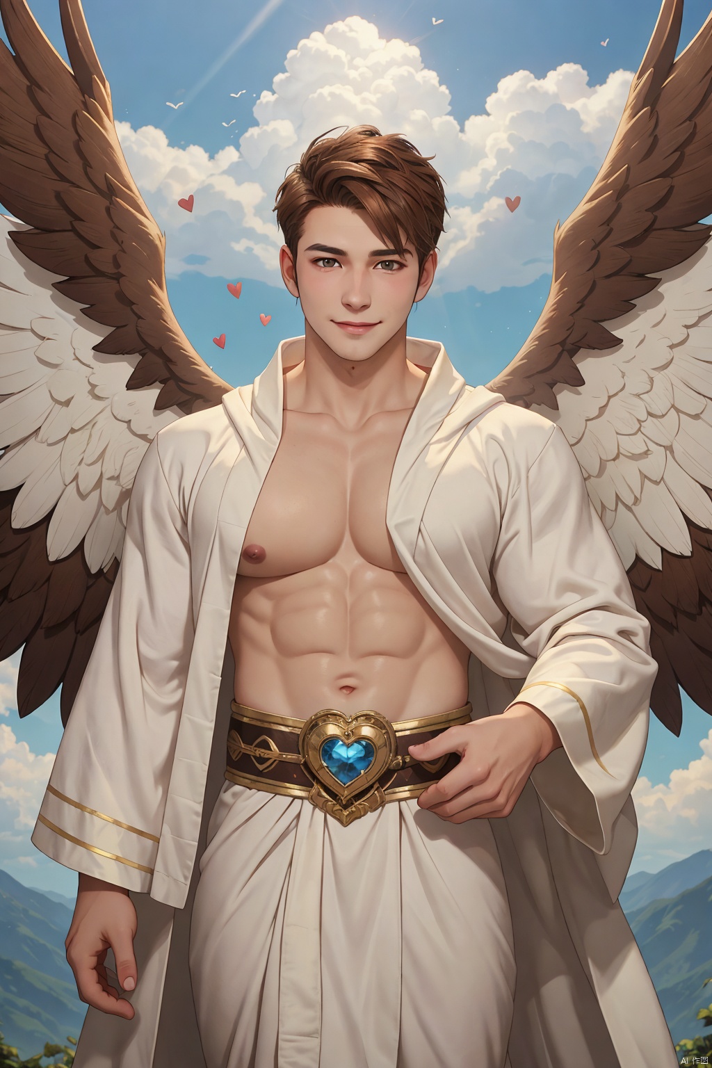 Photo of a man wearing cupid costume,(brown hair),wings,flying,halo,(white toga robe),armor,(surrounded by clouds),ethereal,(seductive smile:0.6),jewelry,heart,best quality,extremely detailed,intricate details,male focus,