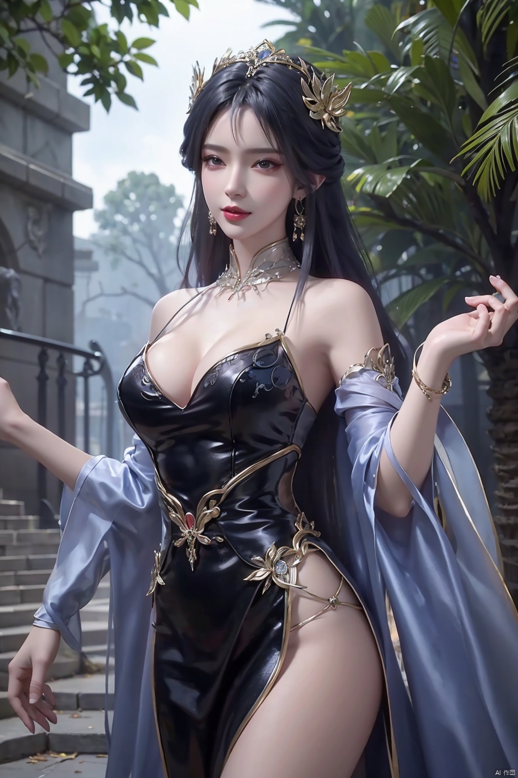 1girl ￼ solo ￼ long hair ￼ breasts ￼ looking at viewer ￼ black hair ￼ hair ornament ￼ dress ￼ cleavage ￼ jewelry ￼ medium...