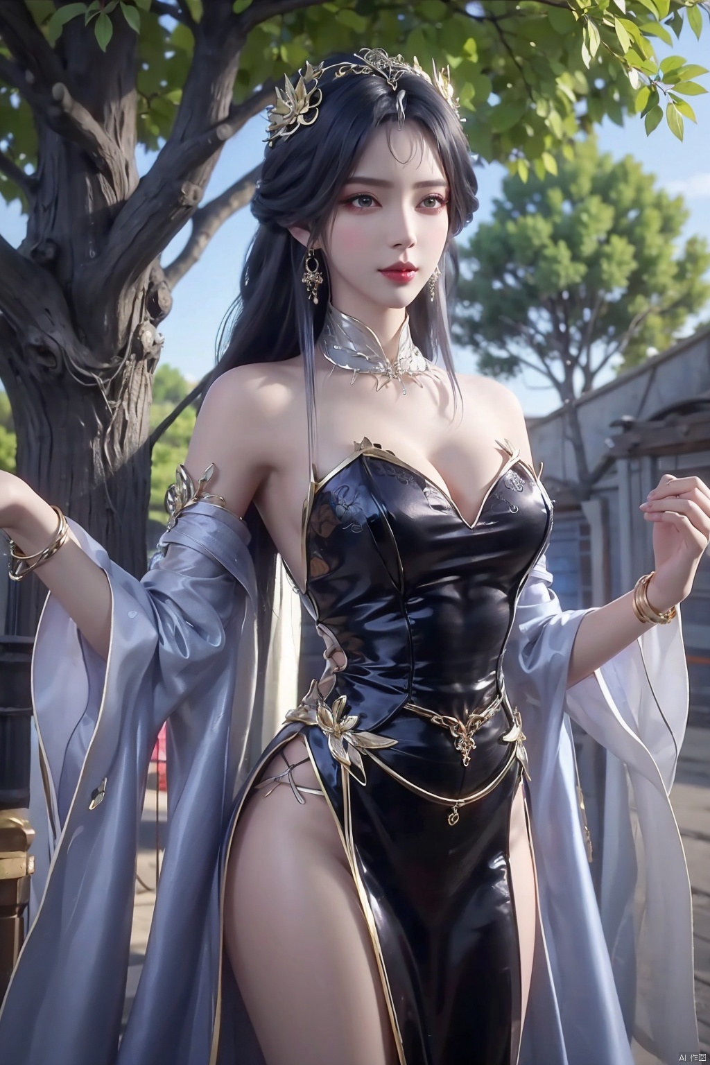 1girl ￼ solo ￼ long hair ￼ breasts ￼ looking at viewer ￼ black hair ￼ hair ornament ￼ dress ￼ cleavage ￼ jewelry ￼ medium...